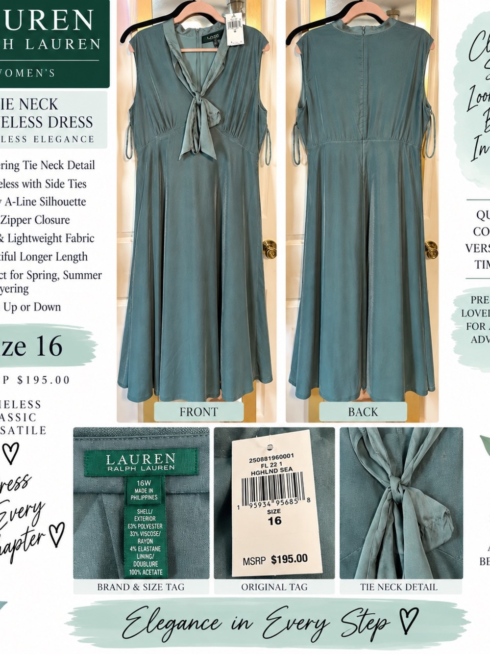 Lauren Ralph Lauren Sea Green Sleeveless Tie-Neck A-Line Dress